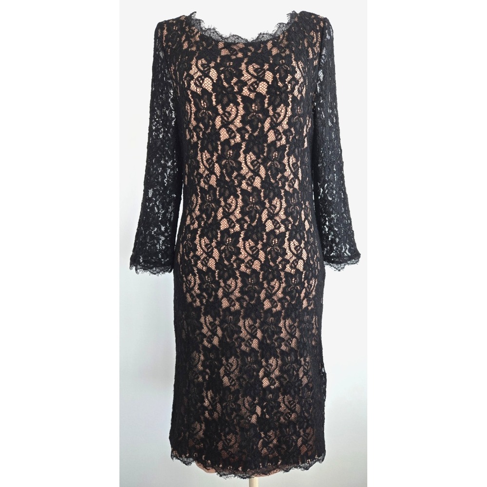 t babaton Black Lace Long Sleeves Dress Midi Rayon W's Sz 10 w/lining Y2K Glam